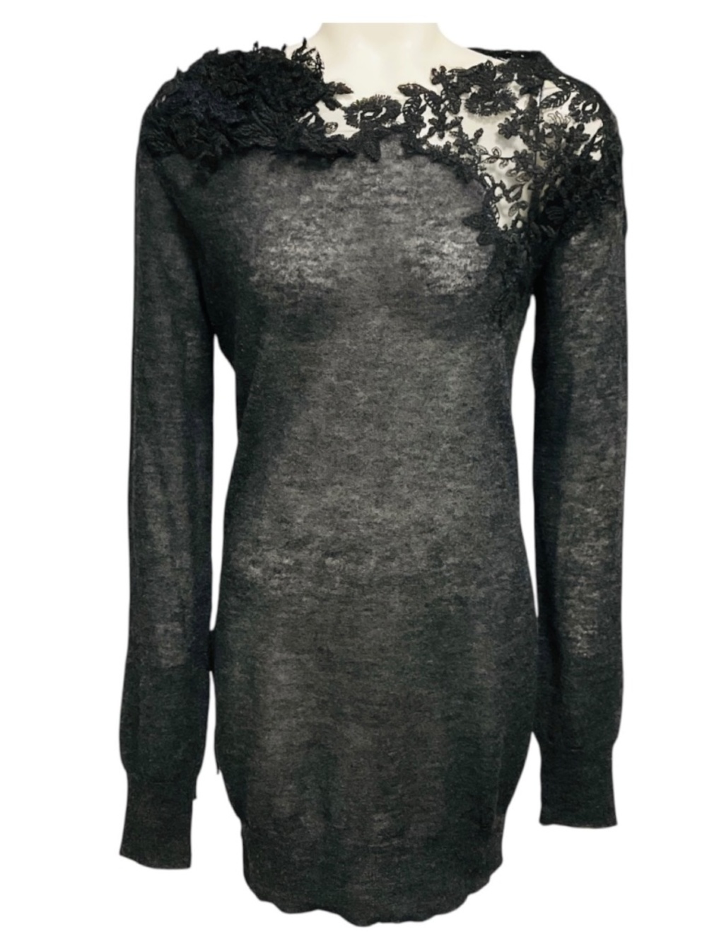 ERMANNO SCERVINO CHARCOAL GREY LACE TRIMMED KNIT SWEATER